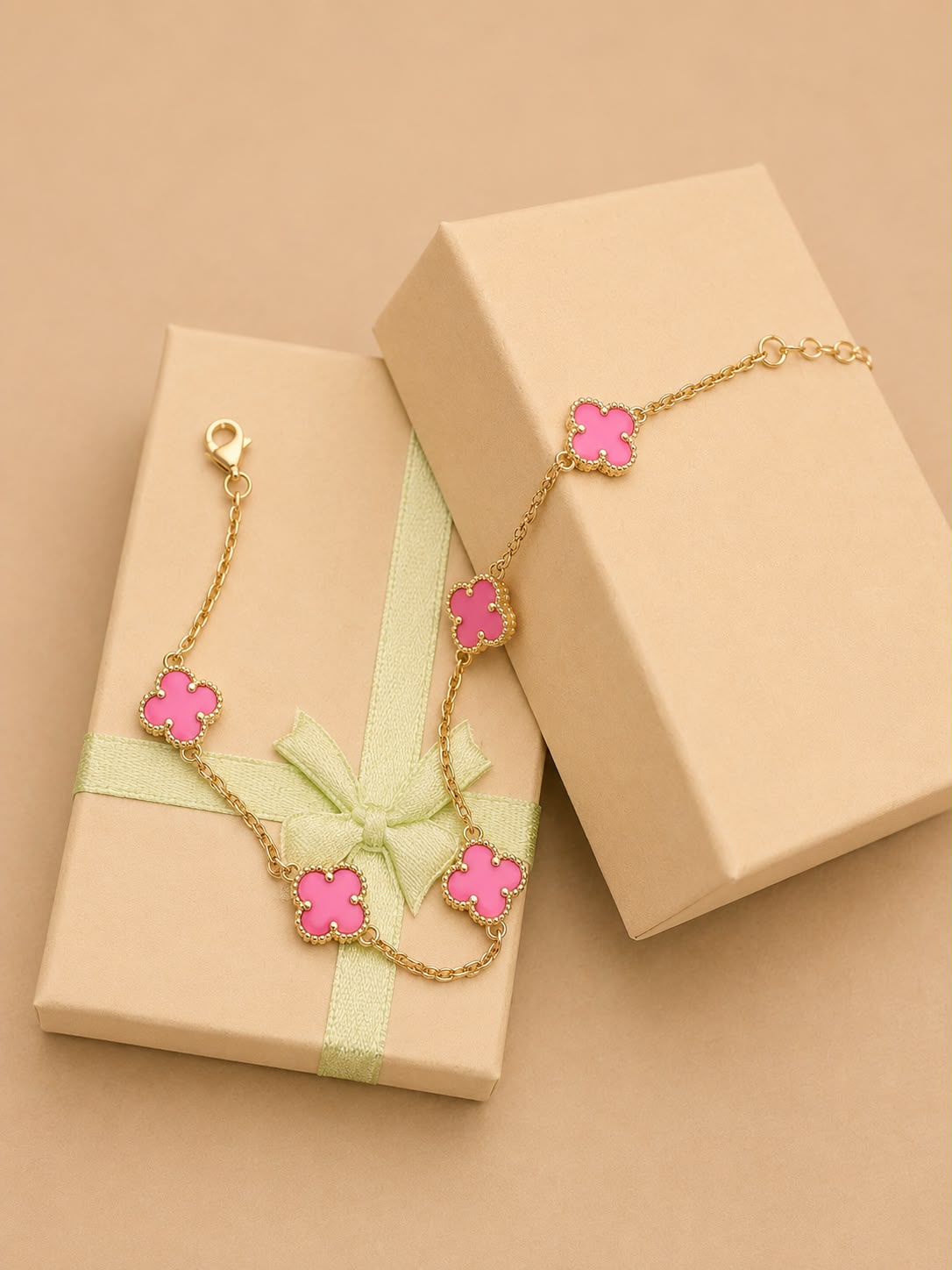 Esclava tipo trébol color rosa oro real 14k