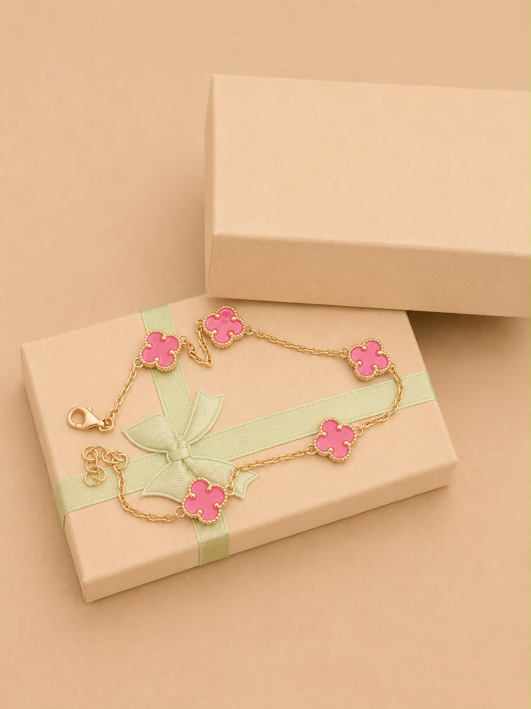 Esclava tipo trébol color rosa oro real 14k
